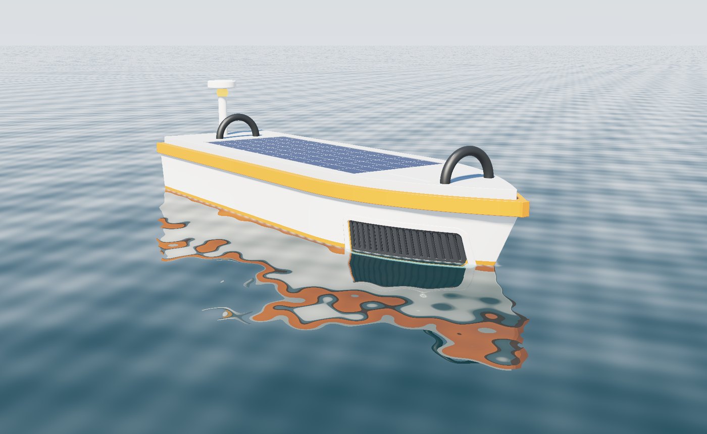 The refined robot floating on calm water with the grille at the waterline