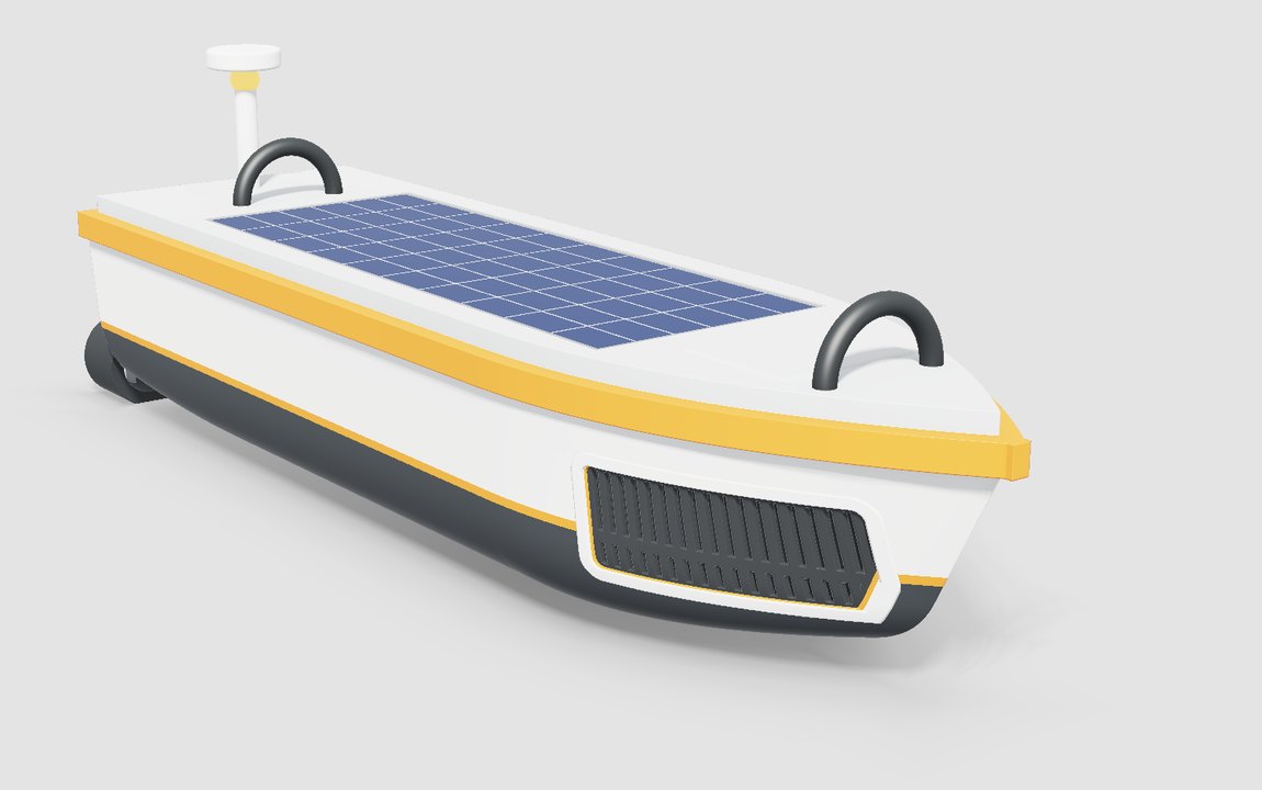 White robotic boat with an orange rim, a solar panel on the deck, a sharp curved bow with a dark slot grille at the waterline, and thrusters at the stern
