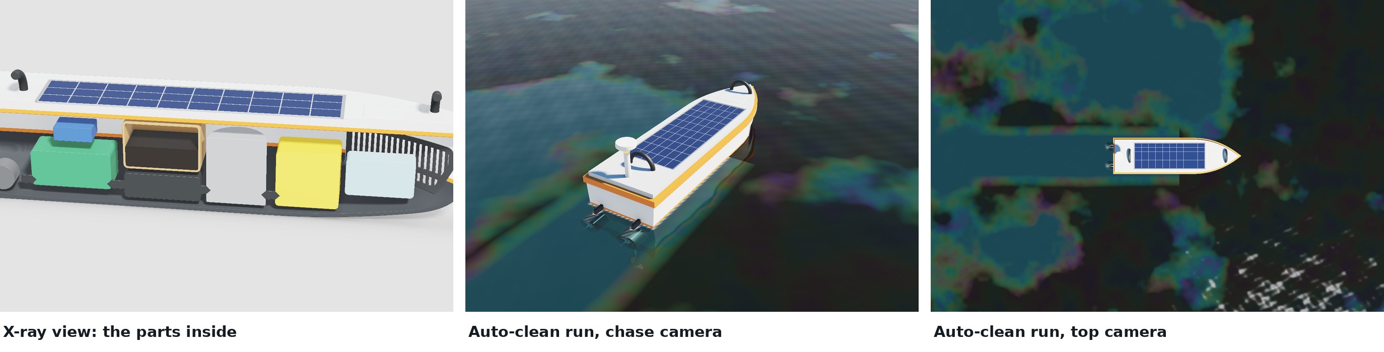 Rendered scenes of the robot: x-ray view of the parts inside, and an auto-clean run through an oil slick from a chase camera and a top camera, leaving a clean lane